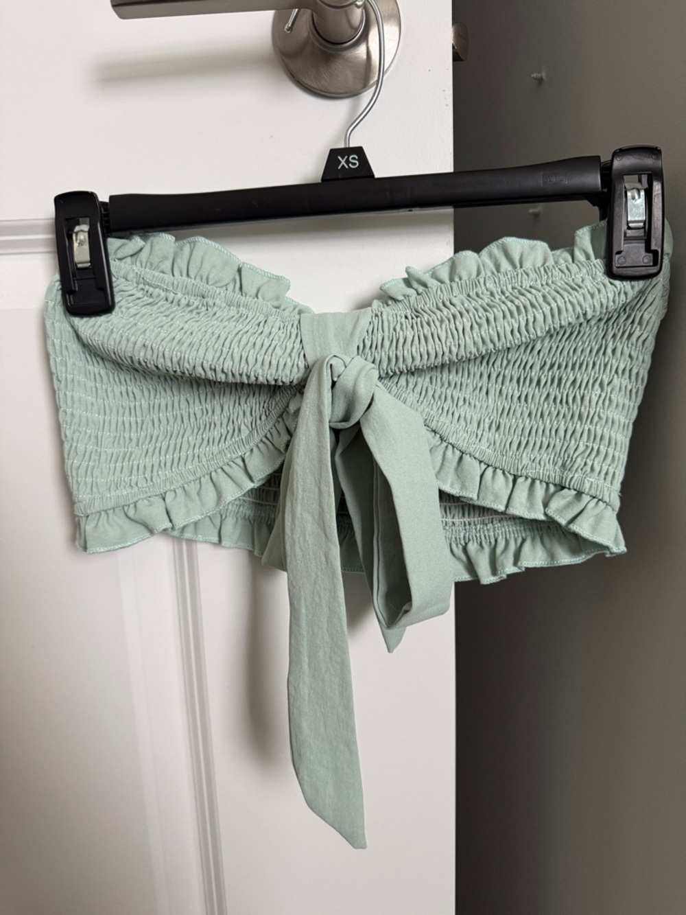 Smocked Tie-Front Bandeau Top in Sage Green